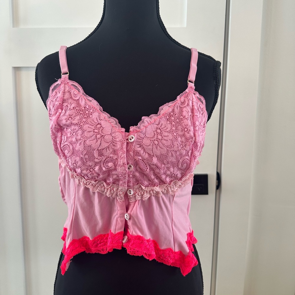 We Are Hah Pink Lace Button-Front Camisole Top and Panty Size L